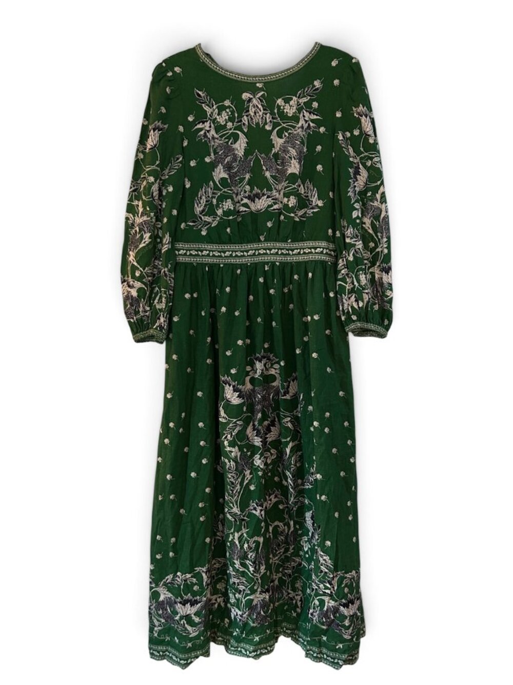 Max Studio Green Midi Dress w/ B&W Flowers Puffy Long Sleeve Boho Medium NEW!